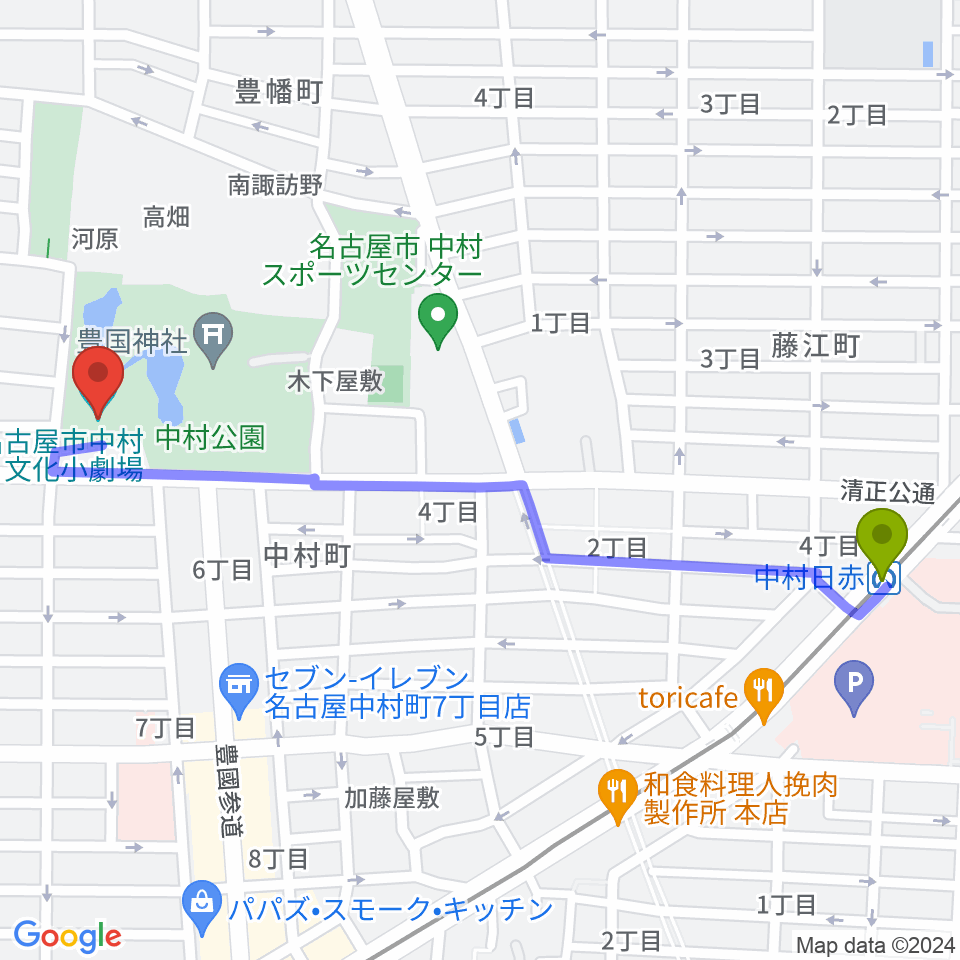 中村日赤駅から中村文化小劇場へのルートマップ地図