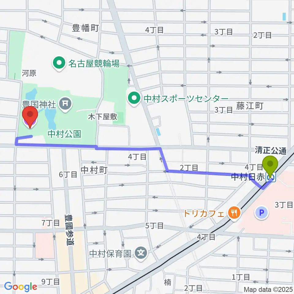 中村日赤駅から中村文化小劇場へのルートマップ地図