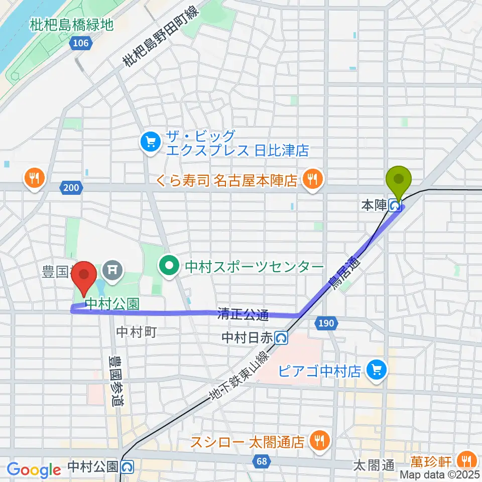 本陣駅から中村文化小劇場へのルートマップ地図