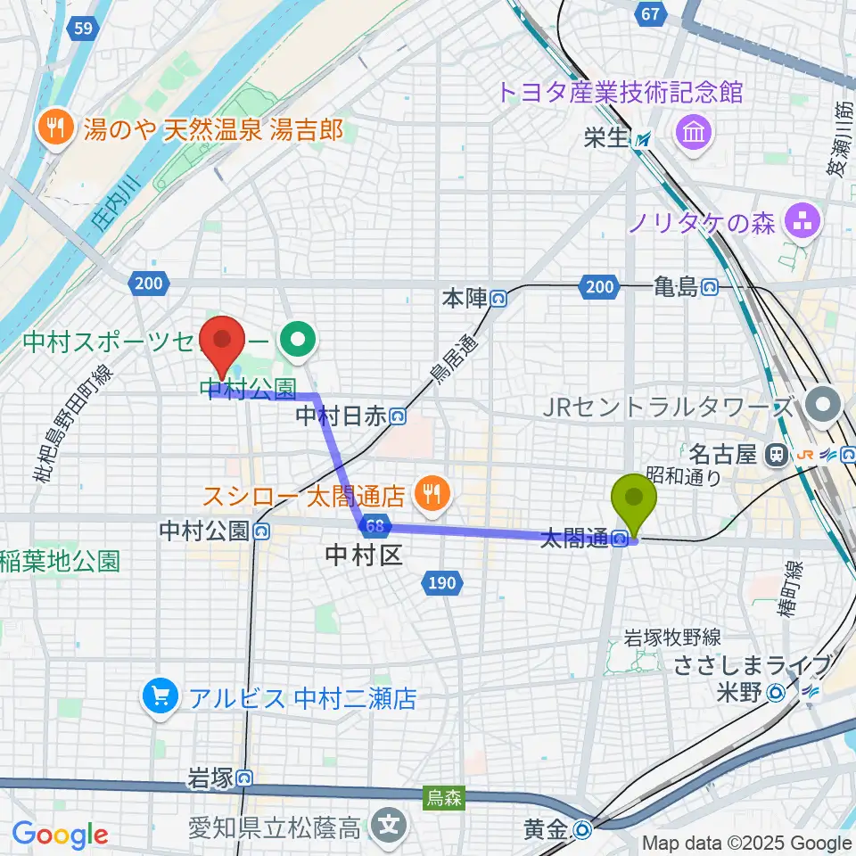 中村区役所駅から中村文化小劇場へのルートマップ地図