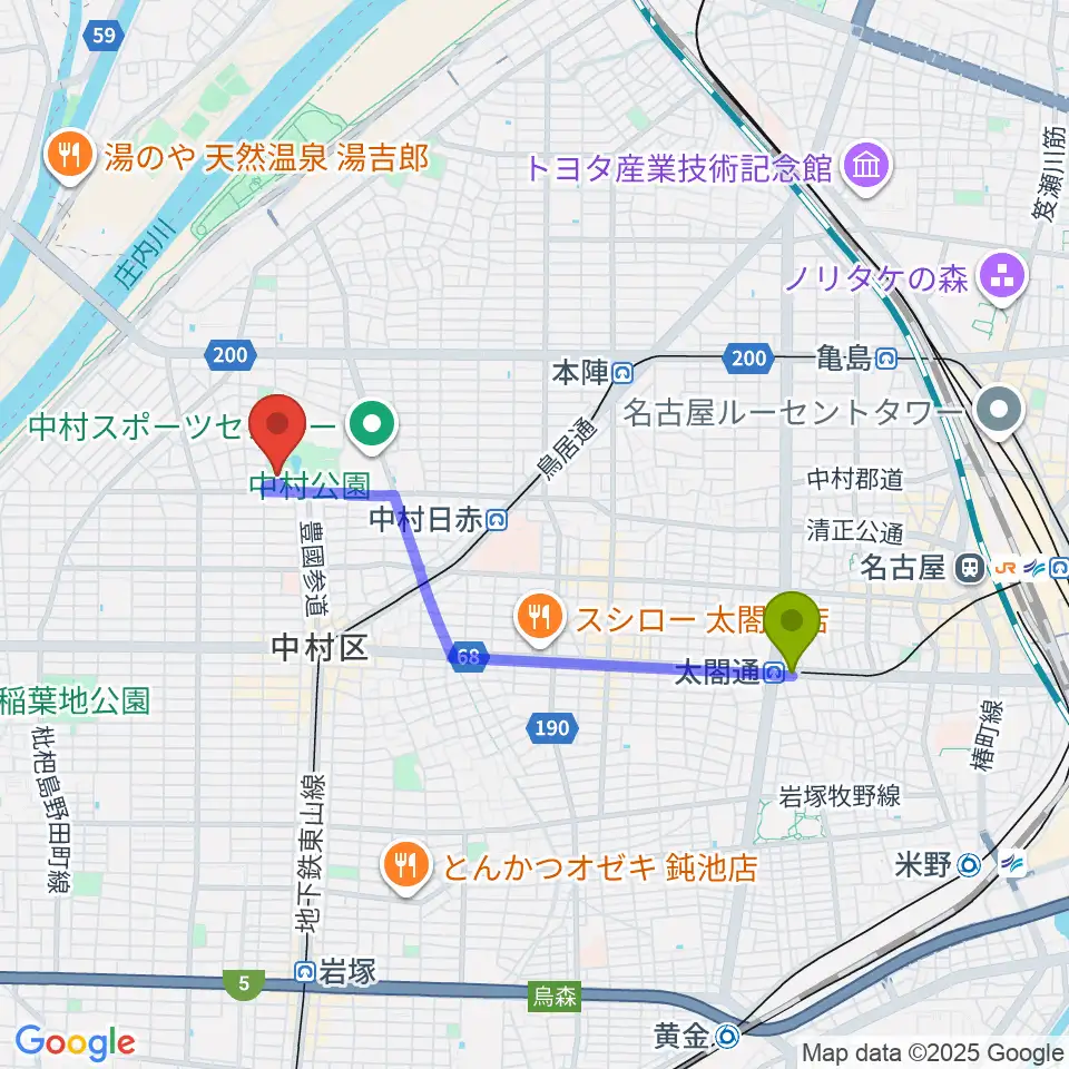 中村区役所駅から中村文化小劇場へのルートマップ地図