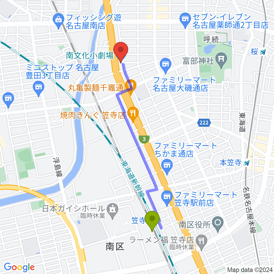 笠寺駅から南文化小劇場へのルートマップ地図