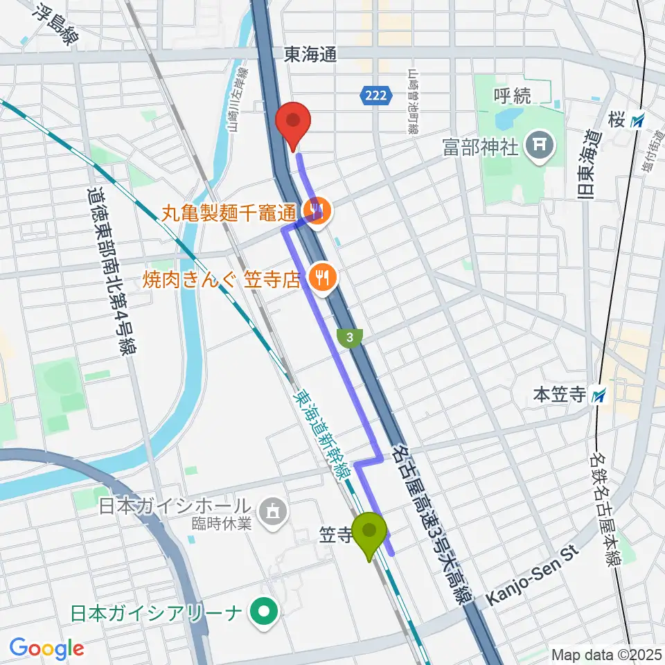 笠寺駅から南文化小劇場へのルートマップ地図