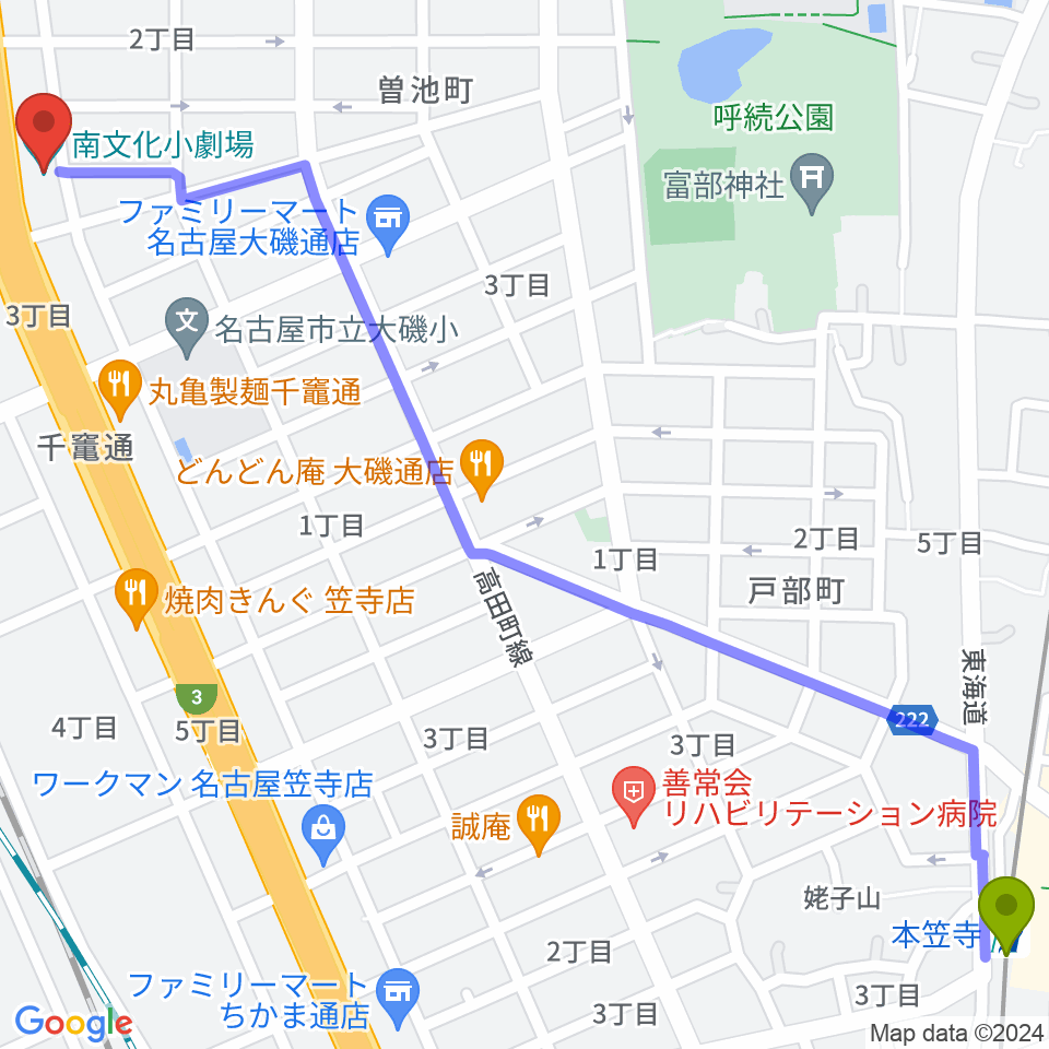 本笠寺駅から南文化小劇場へのルートマップ地図