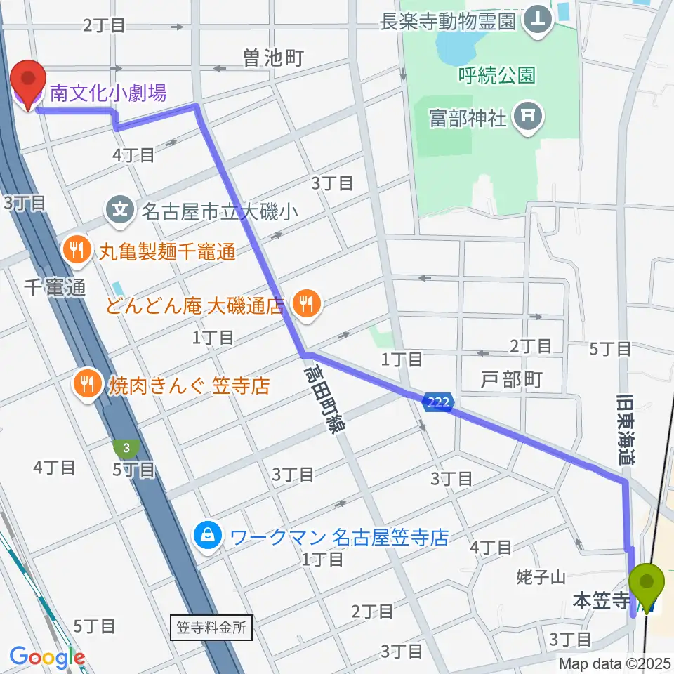 本笠寺駅から南文化小劇場へのルートマップ地図