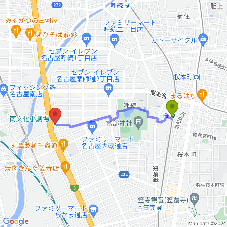 南文化小劇場の最寄駅桜駅からの徒歩ルート（約16分）地図
