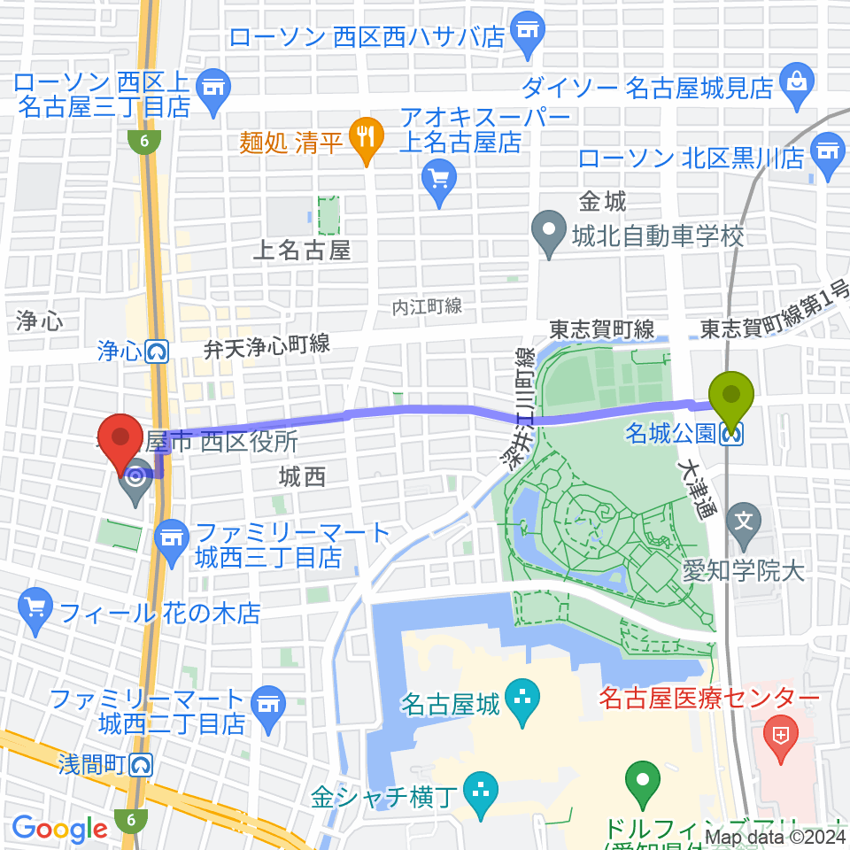 名城公園駅から西文化小劇場へのルートマップ地図