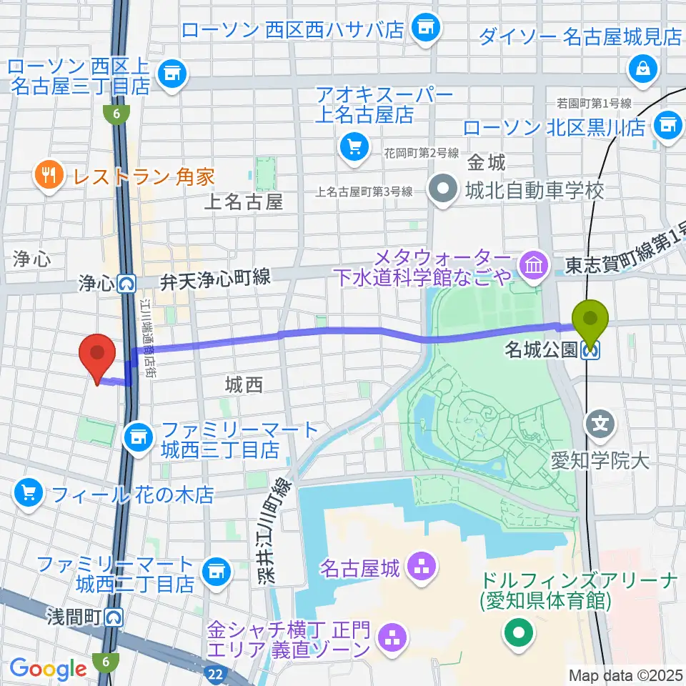 名城公園駅から西文化小劇場へのルートマップ地図