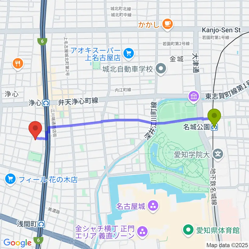 名城公園駅から西文化小劇場へのルートマップ地図