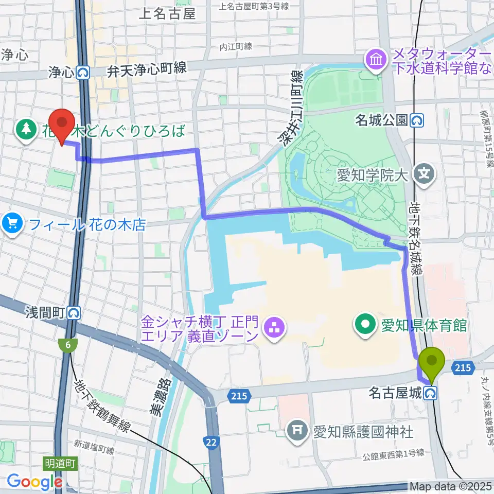 市役所駅から西文化小劇場へのルートマップ地図