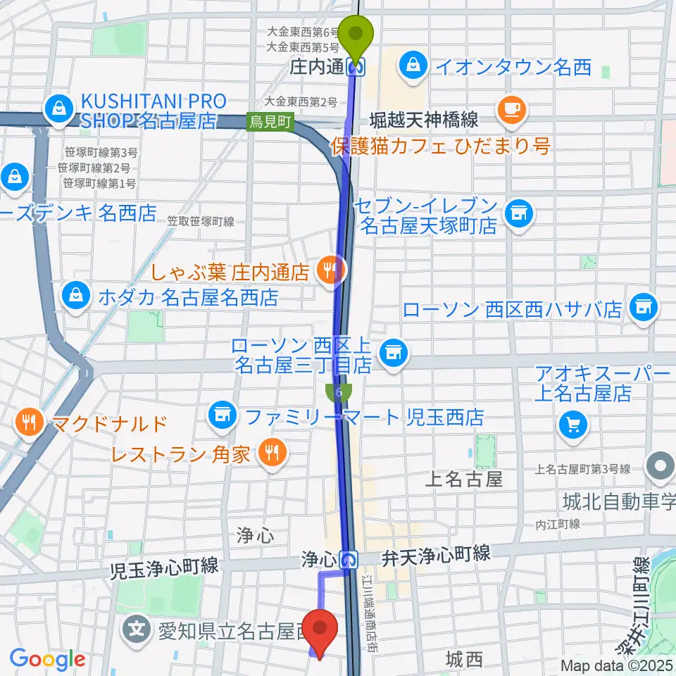 庄内通駅から西文化小劇場へのルートマップ地図