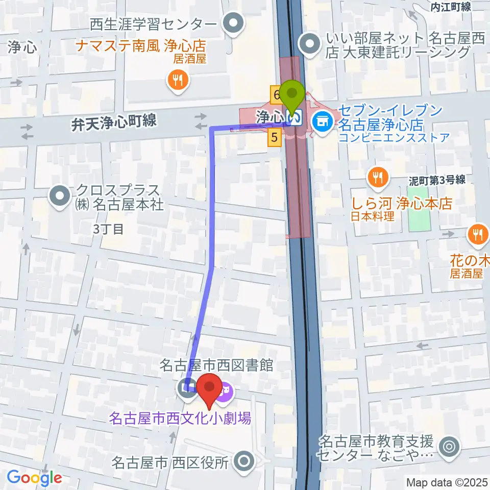 西文化小劇場の最寄駅浄心駅からの徒歩ルート（約5分）地図