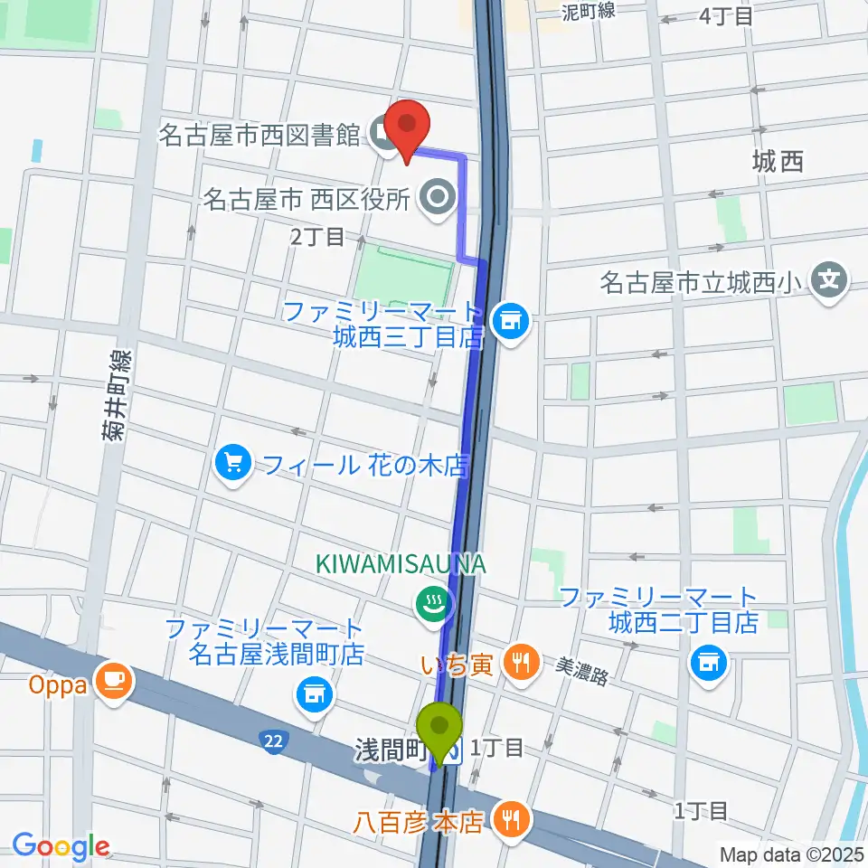 浅間町駅から西文化小劇場へのルートマップ地図