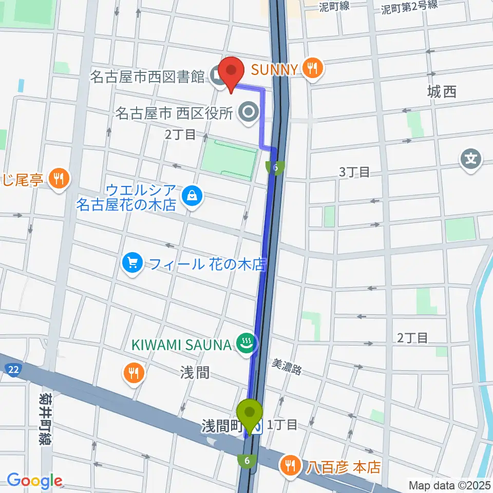 浅間町駅から西文化小劇場へのルートマップ地図