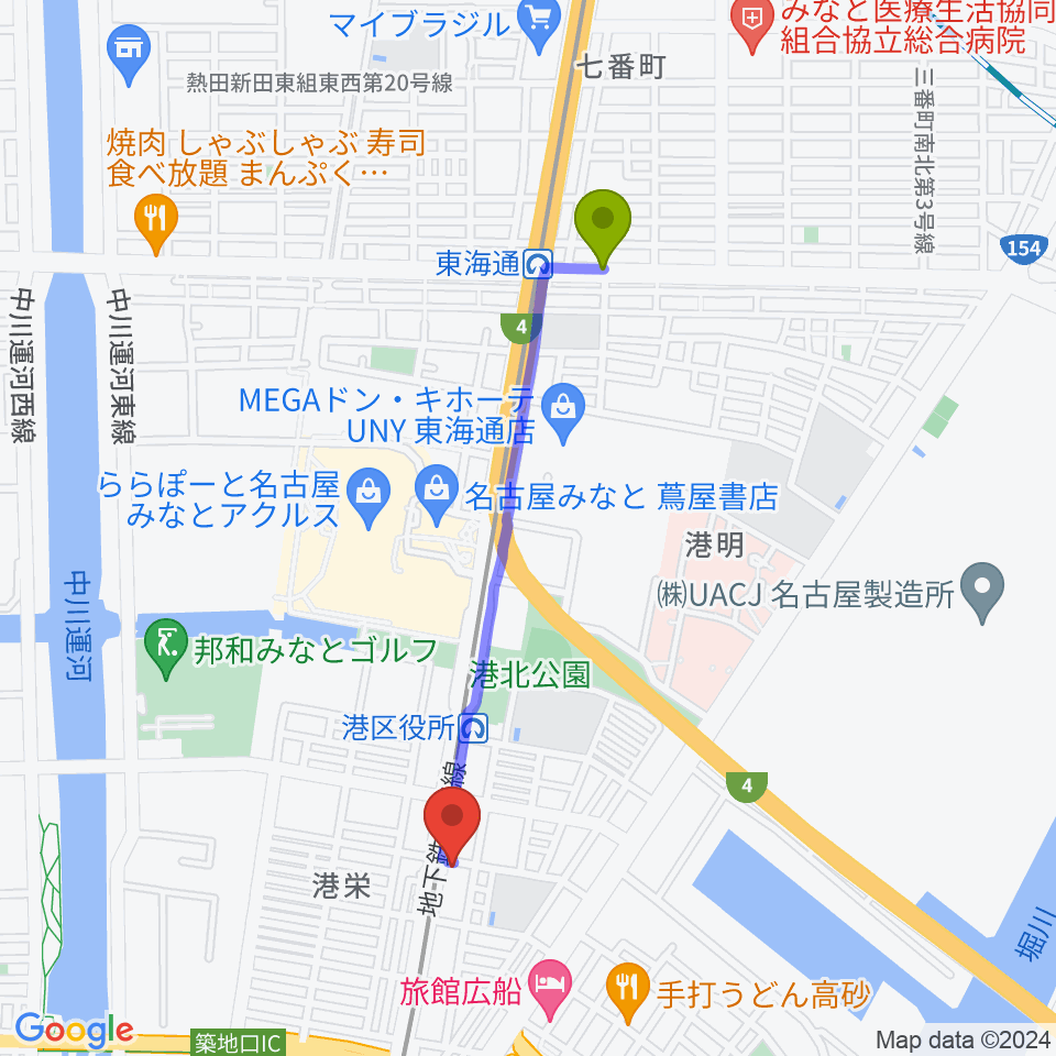 東海通駅から港文化小劇場へのルートマップ地図