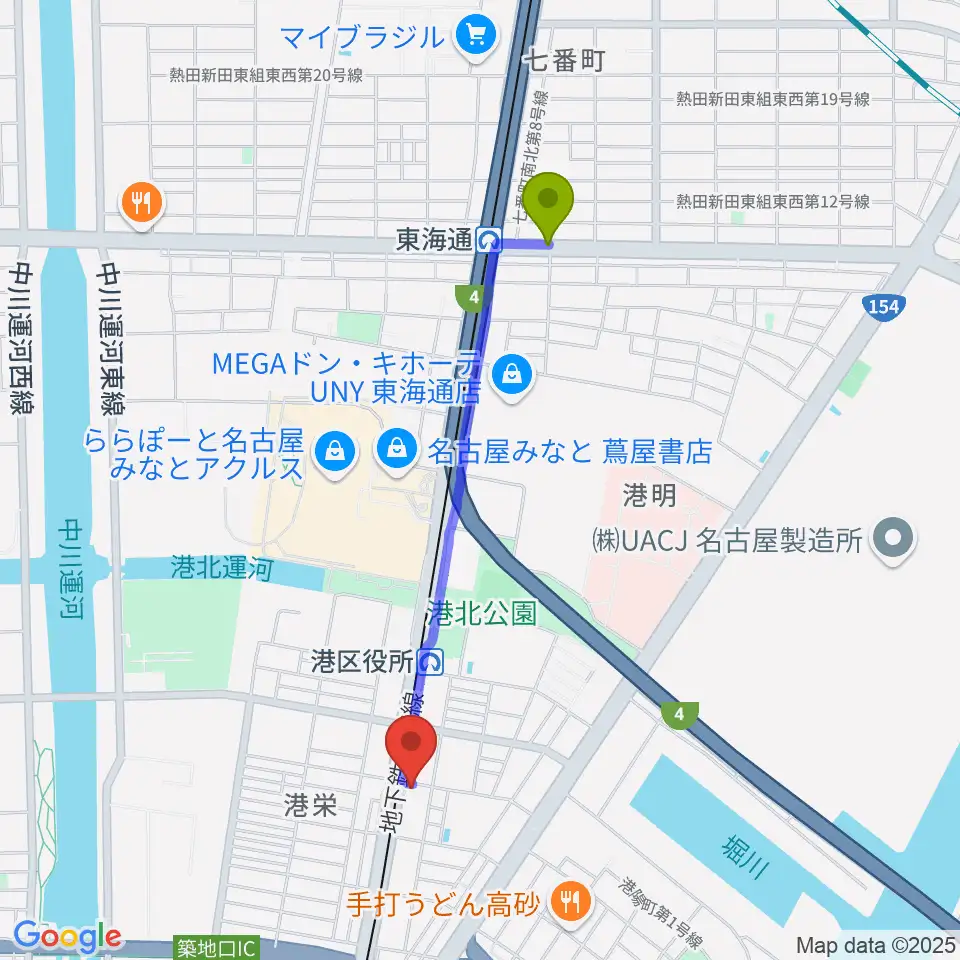 東海通駅から港文化小劇場へのルートマップ地図