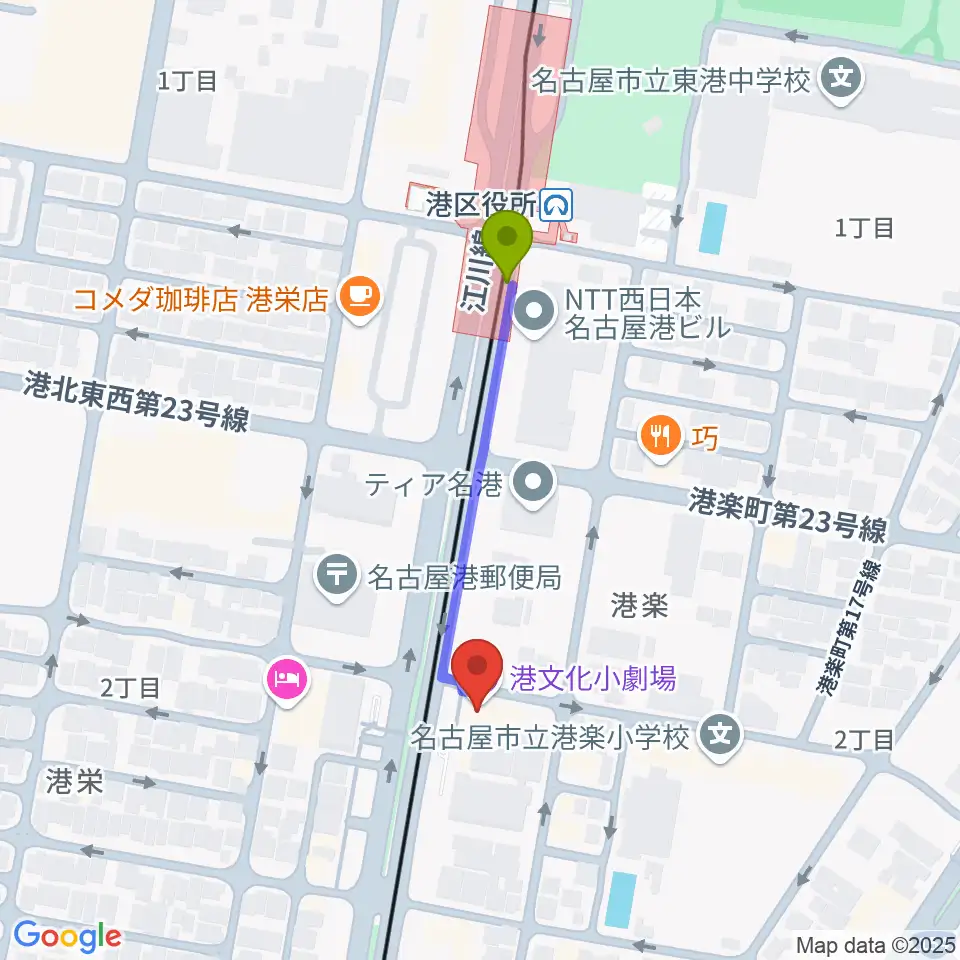 港文化小劇場の最寄駅港区役所駅からの徒歩ルート（約3分）地図