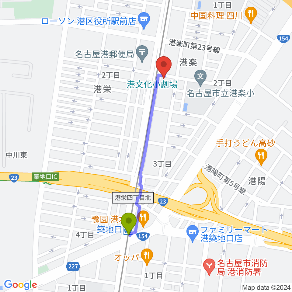 築地口駅から港文化小劇場へのルートマップ地図