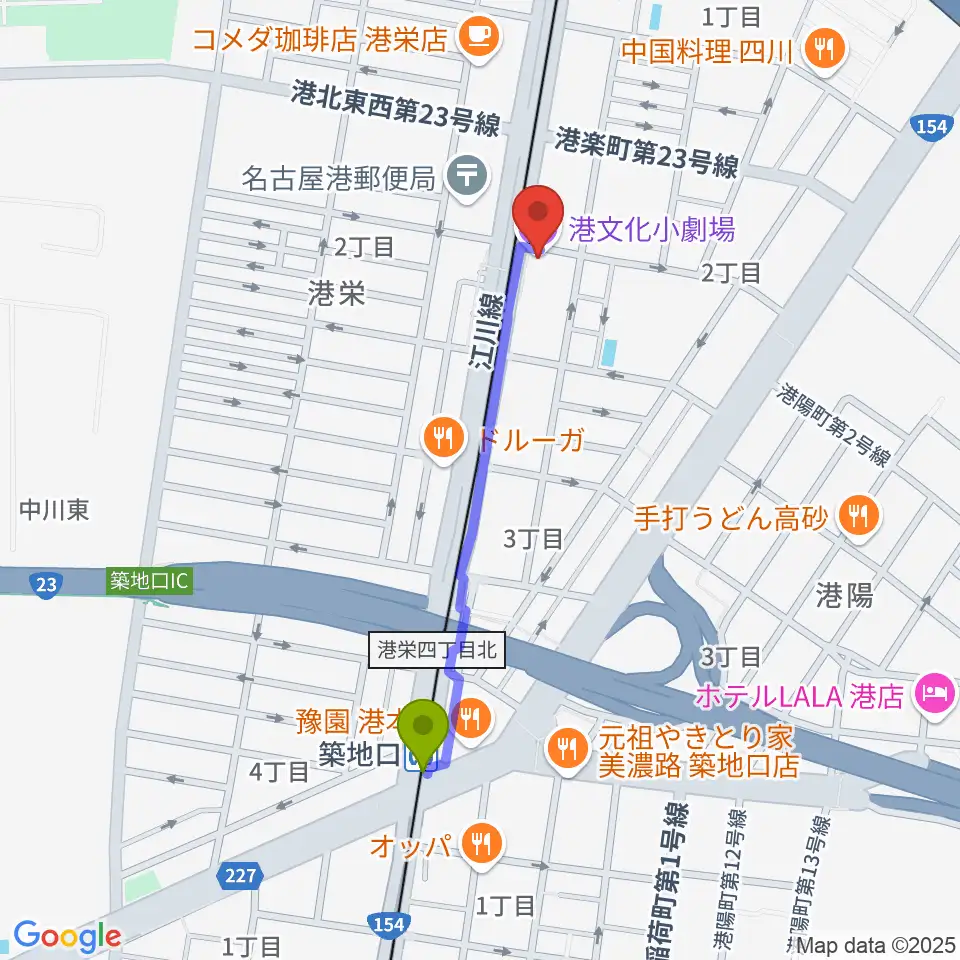築地口駅から港文化小劇場へのルートマップ地図