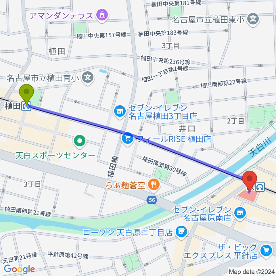 植田駅から天白文化小劇場へのルートマップ地図