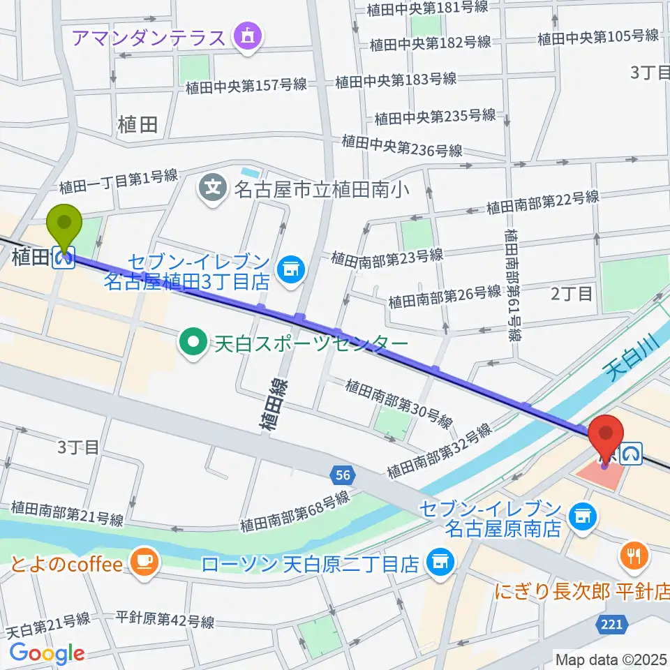 植田駅から天白文化小劇場へのルートマップ地図