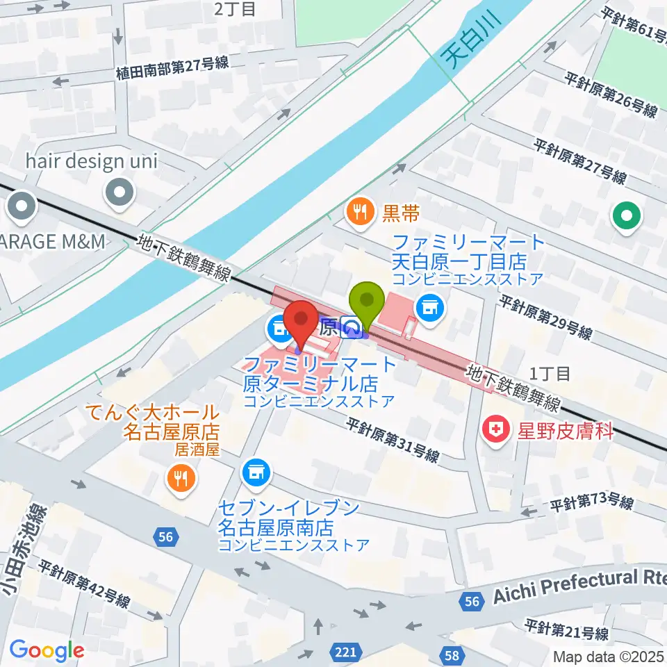 天白文化小劇場の最寄駅原駅からの徒歩ルート（約1分）地図