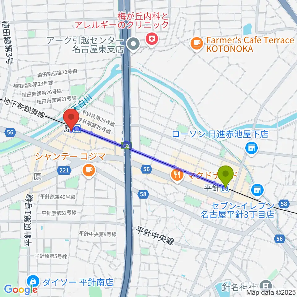 平針駅から天白文化小劇場へのルートマップ地図
