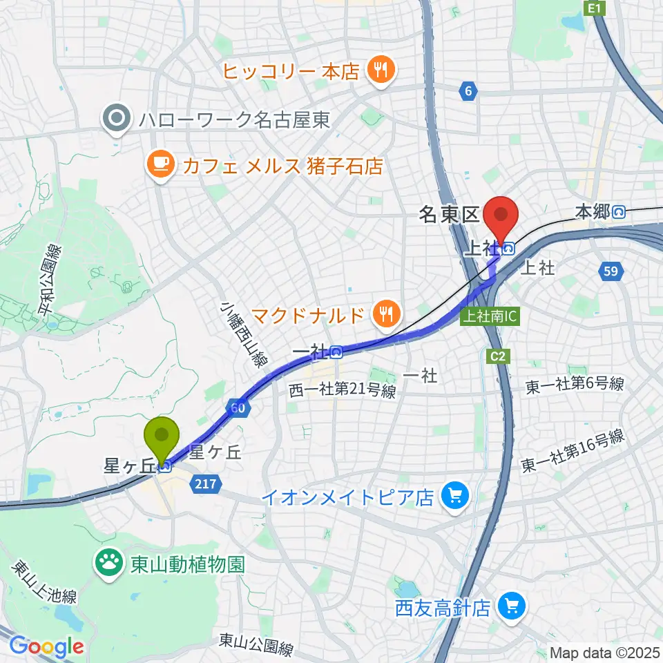 星ヶ丘駅から名東文化小劇場へのルートマップ地図