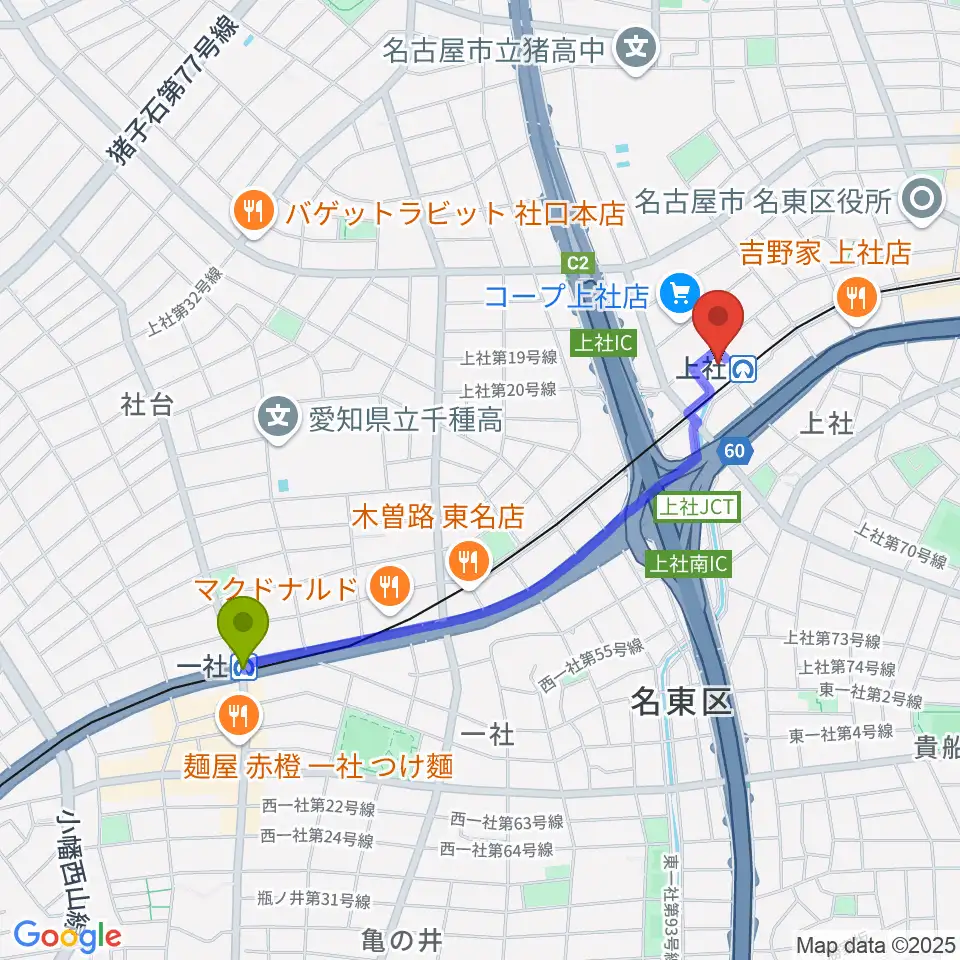 一社駅から名東文化小劇場へのルートマップ地図