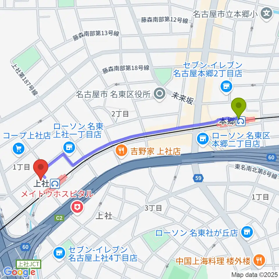 本郷駅から名東文化小劇場へのルートマップ地図