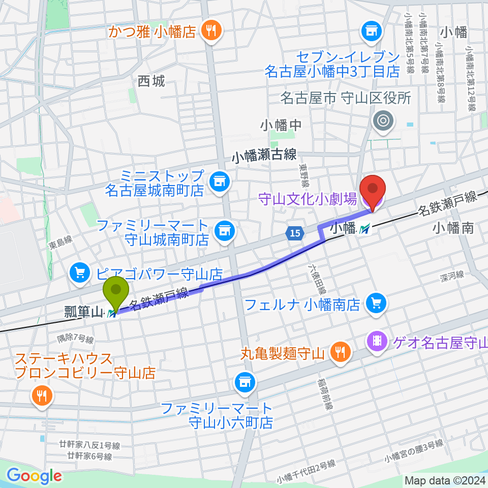 瓢箪山駅から守山文化小劇場へのルートマップ地図