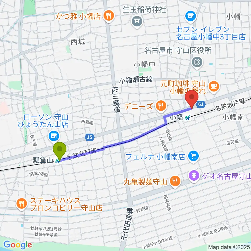 瓢箪山駅から守山文化小劇場へのルートマップ地図
