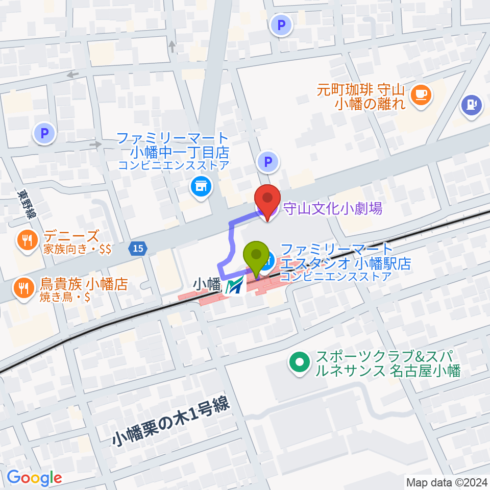 守山文化小劇場の最寄駅小幡駅からの徒歩ルート（約1分）地図