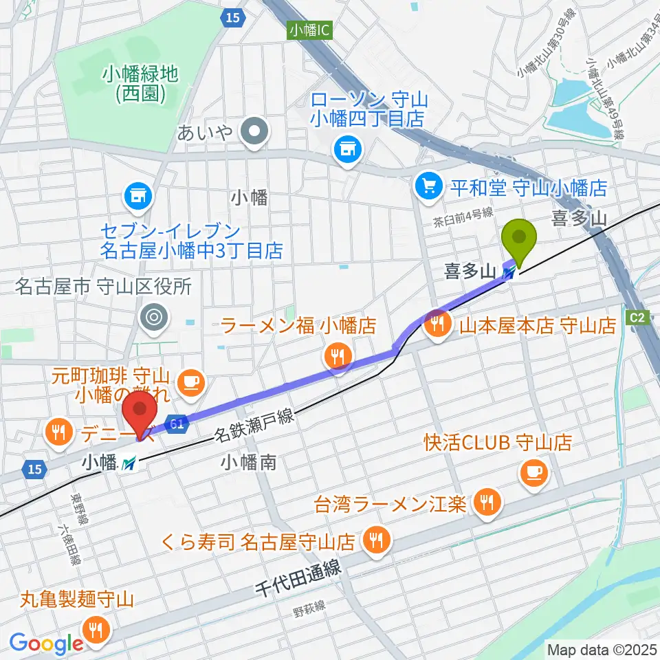 喜多山駅から守山文化小劇場へのルートマップ地図