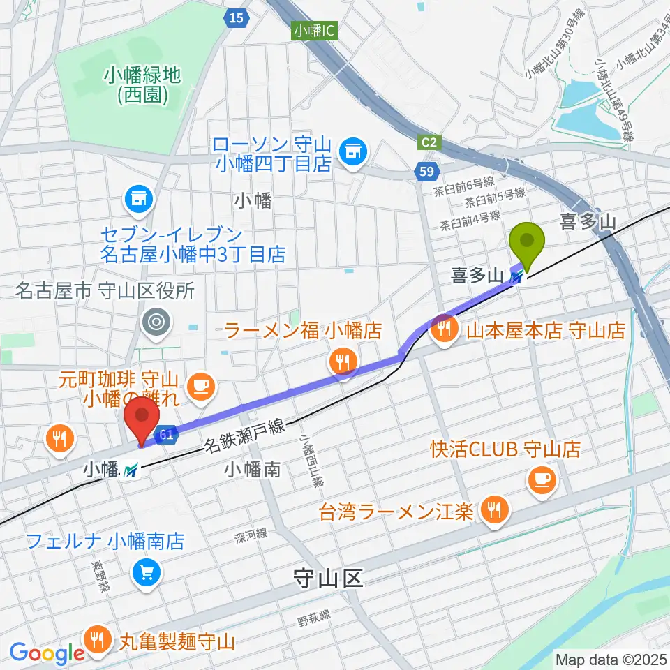 喜多山駅から守山文化小劇場へのルートマップ地図