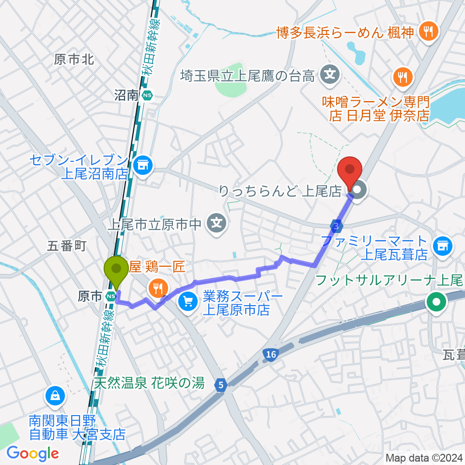 原市駅から音気楽スタジオ 上尾ドラム教室へのルートマップ地図