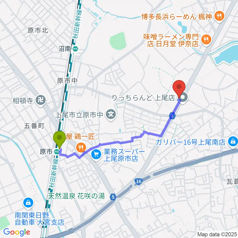 原市駅から音気楽スタジオ 上尾ドラム教室へのルートマップ地図