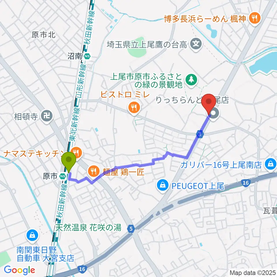 原市駅から音気楽スタジオ 上尾ドラム教室へのルートマップ地図