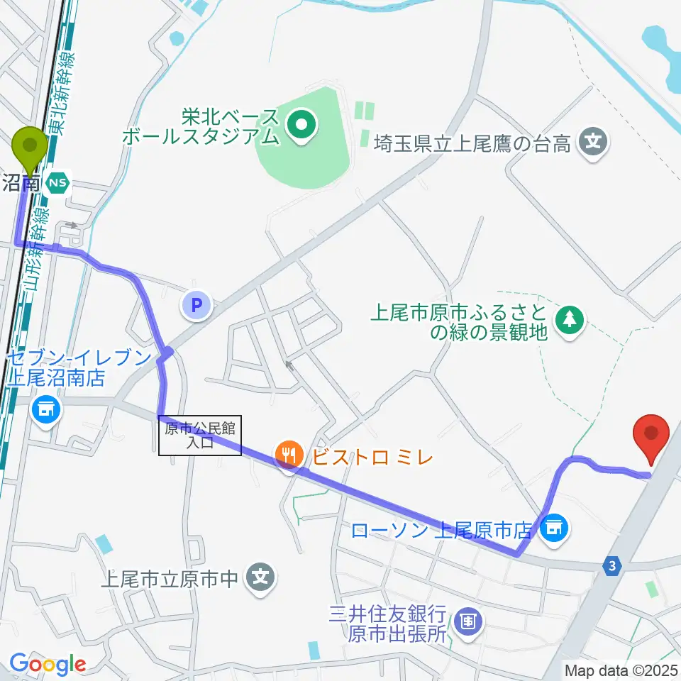 音気楽スタジオ 上尾ドラム教室の最寄駅沼南駅からの徒歩ルート（約16分）地図