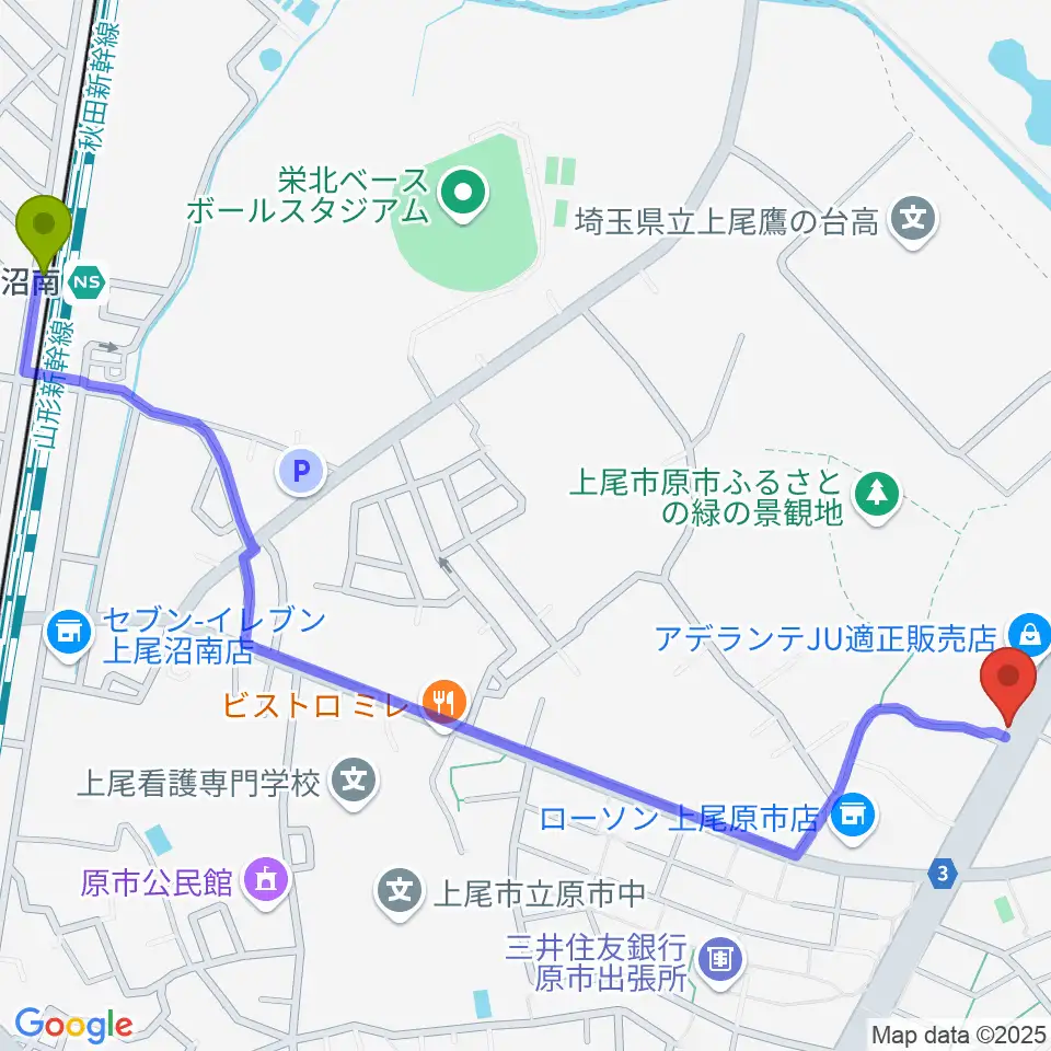 音気楽スタジオ 上尾ドラム教室の最寄駅沼南駅からの徒歩ルート（約16分）地図