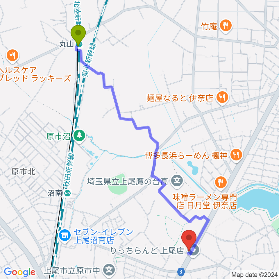 丸山駅から音気楽スタジオ 上尾ドラム教室へのルートマップ地図