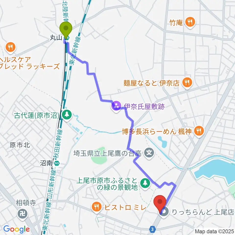 丸山駅から音気楽スタジオ 上尾ドラム教室へのルートマップ地図