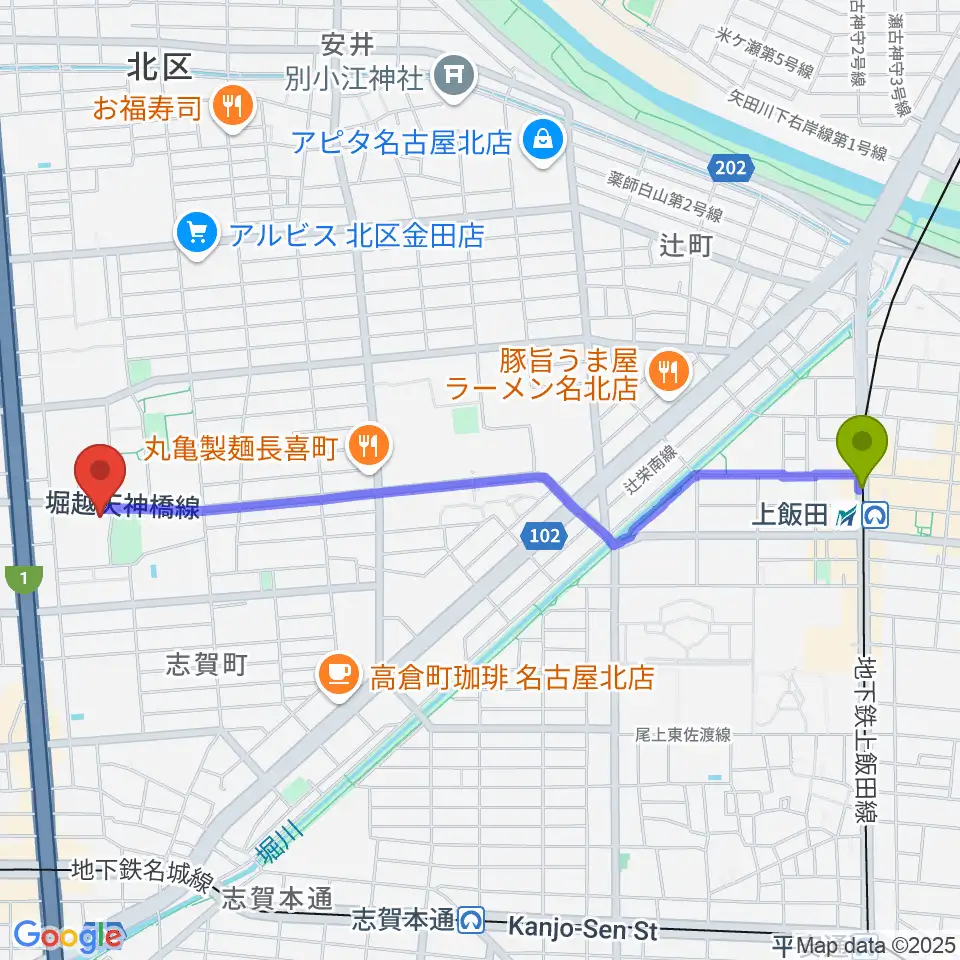 上飯田駅から北文化小劇場へのルートマップ地図