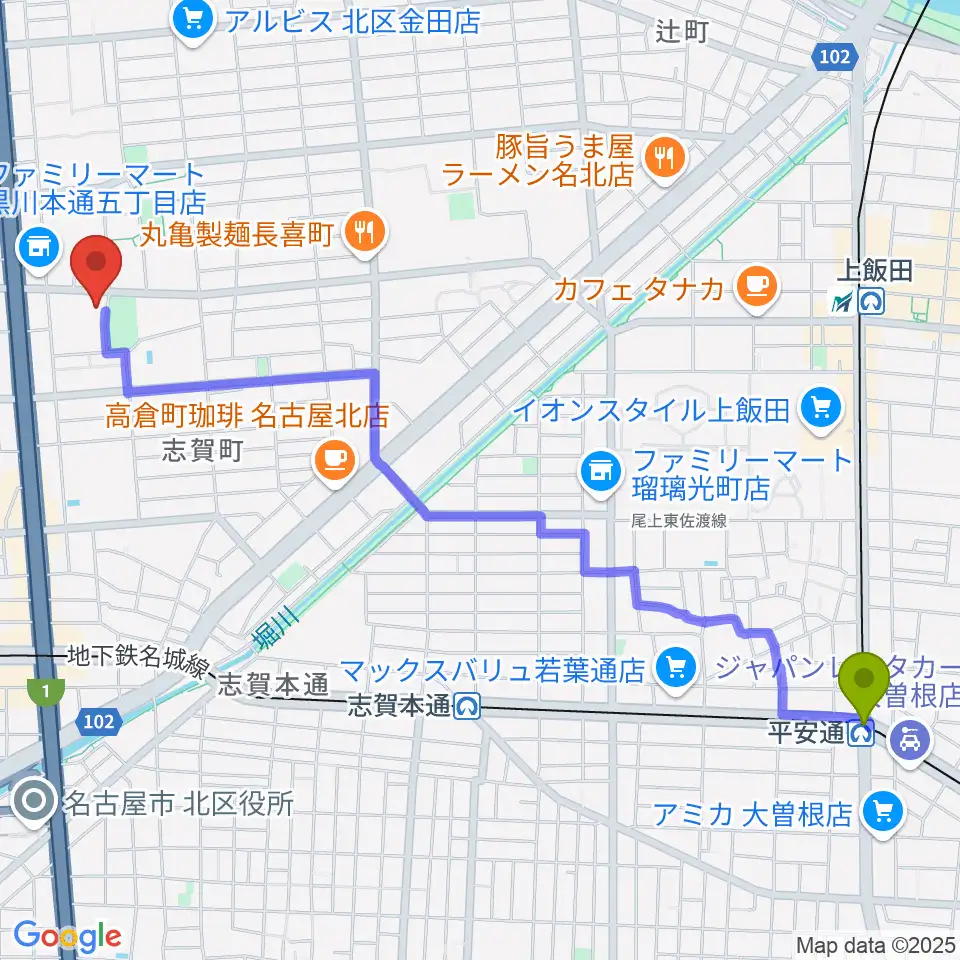 平安通駅から北文化小劇場へのルートマップ地図