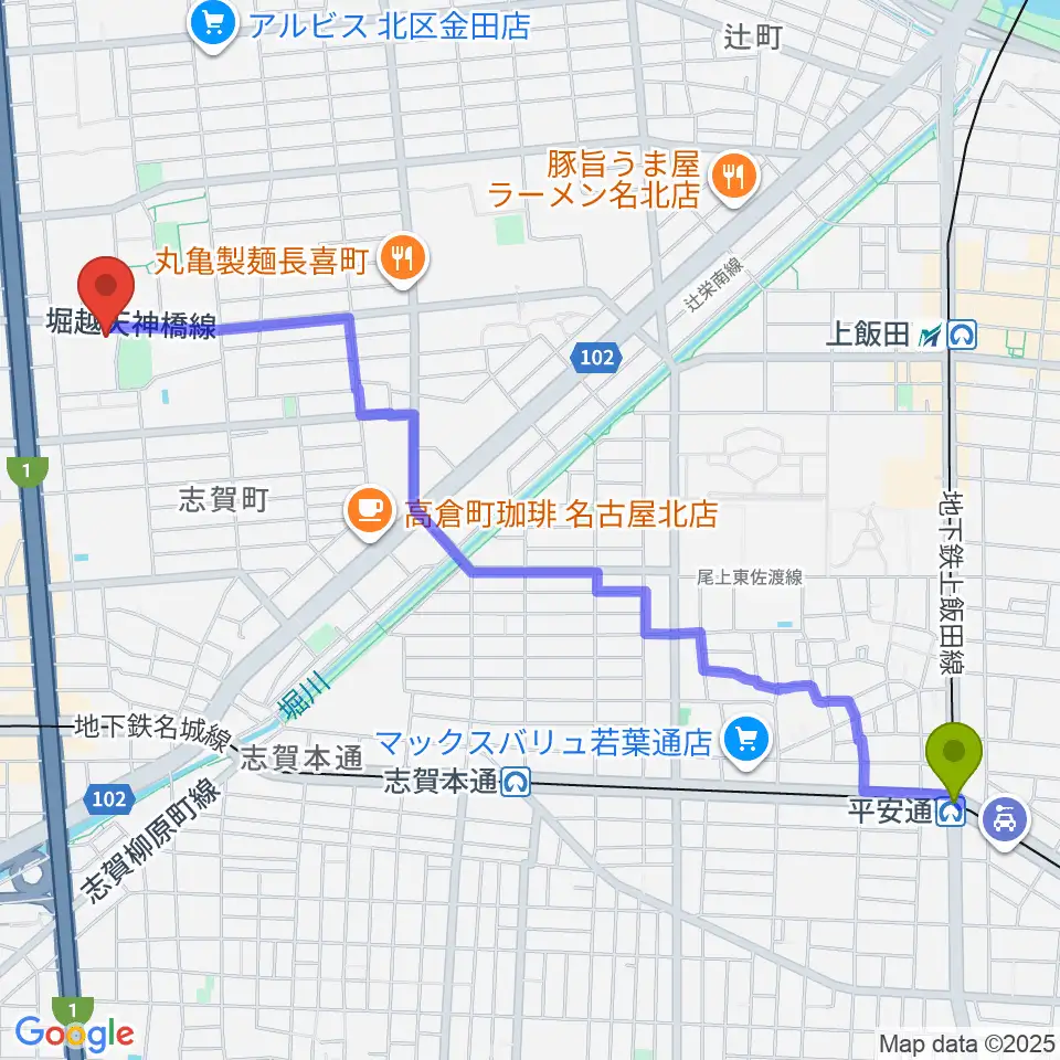 平安通駅から北文化小劇場へのルートマップ地図