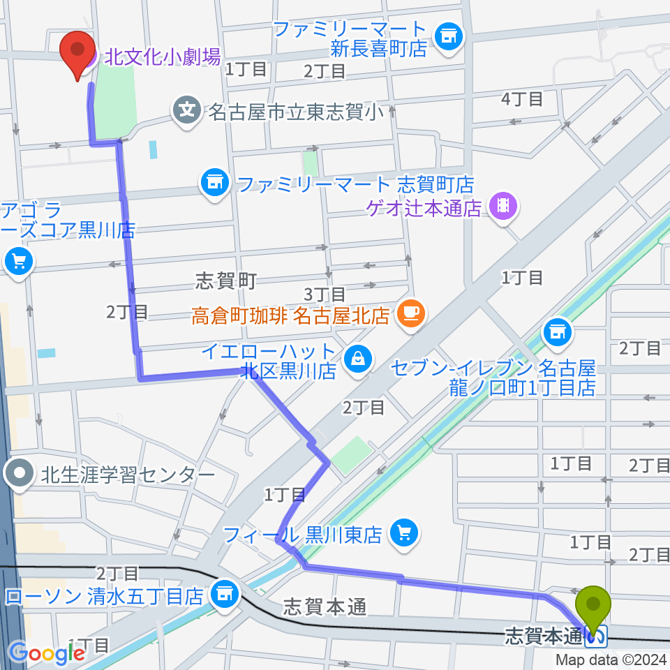 志賀本通駅から北文化小劇場へのルートマップ地図