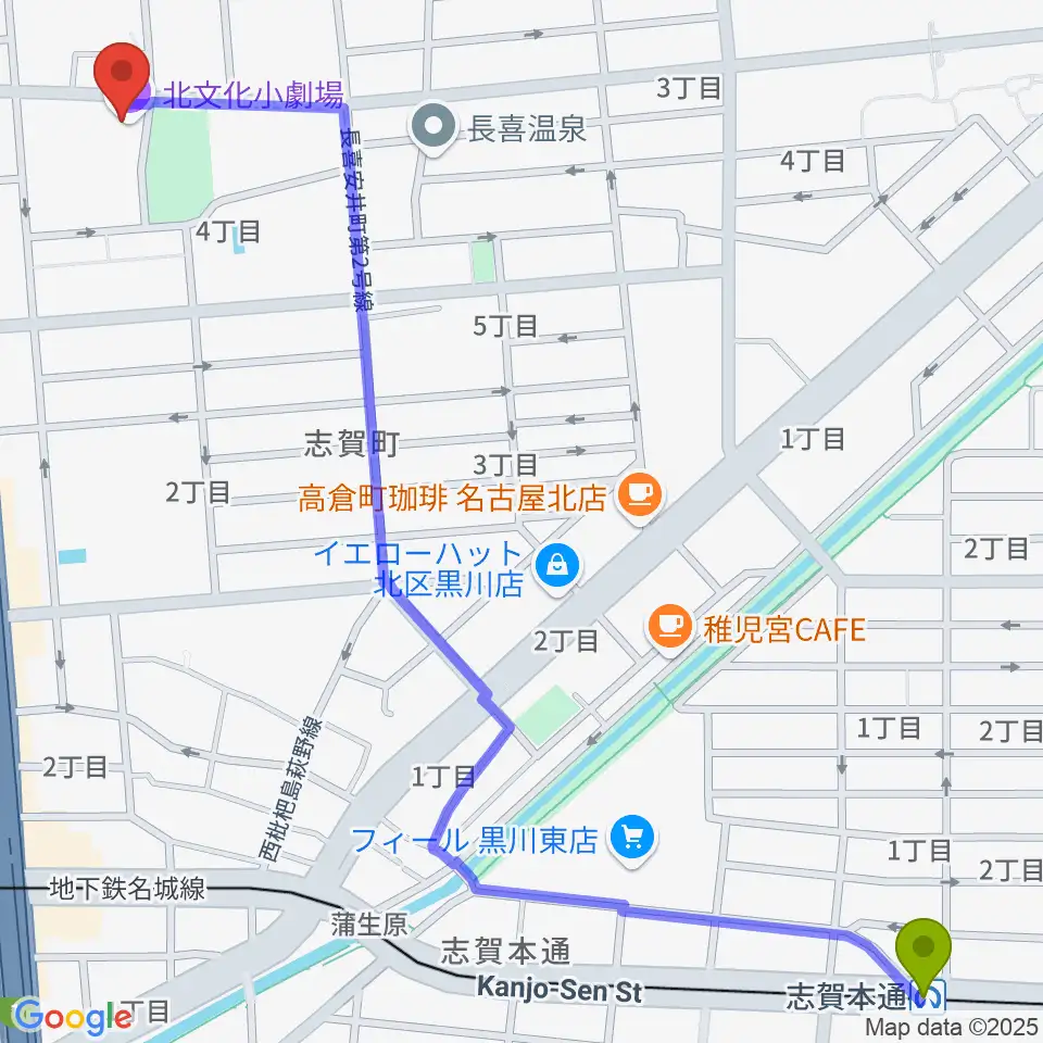 志賀本通駅から北文化小劇場へのルートマップ地図