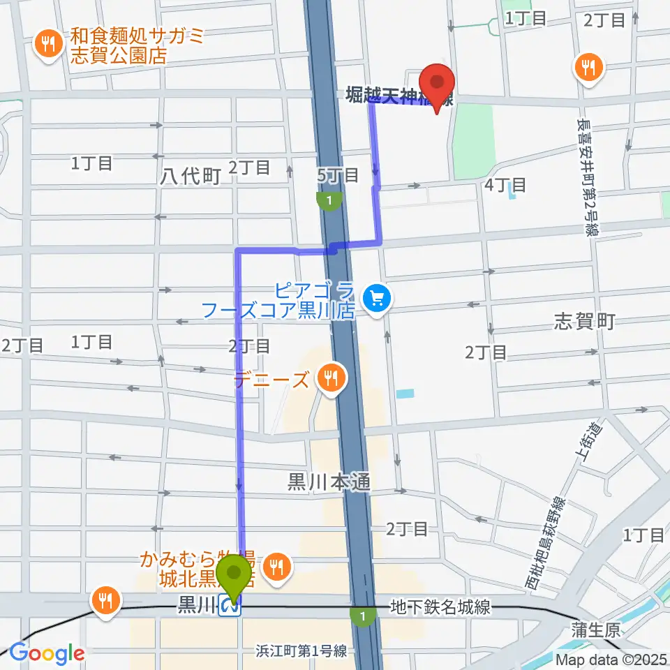 北文化小劇場の最寄駅黒川駅からの徒歩ルート（約12分）地図