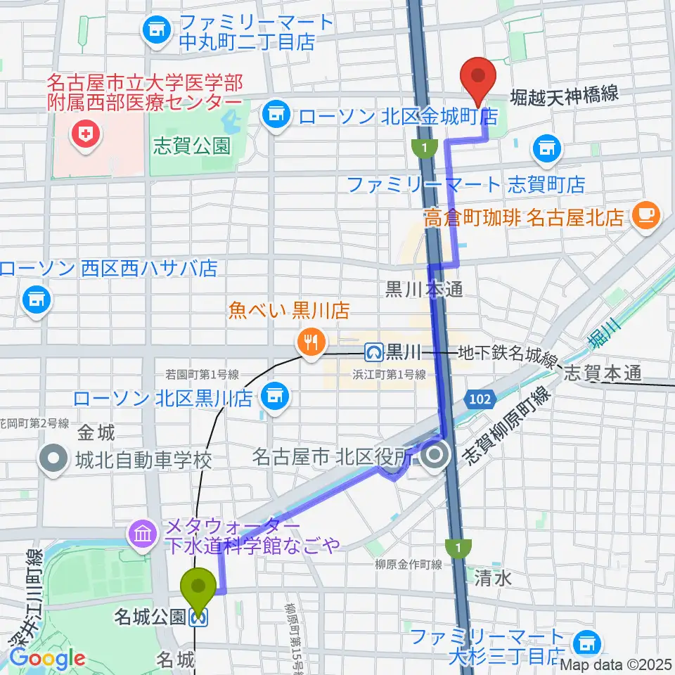 名城公園駅から北文化小劇場へのルートマップ地図