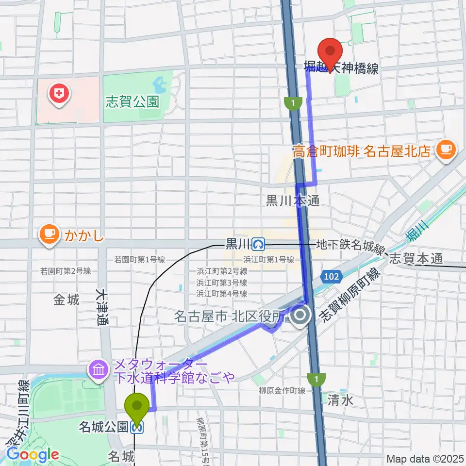 名城公園駅から北文化小劇場へのルートマップ地図